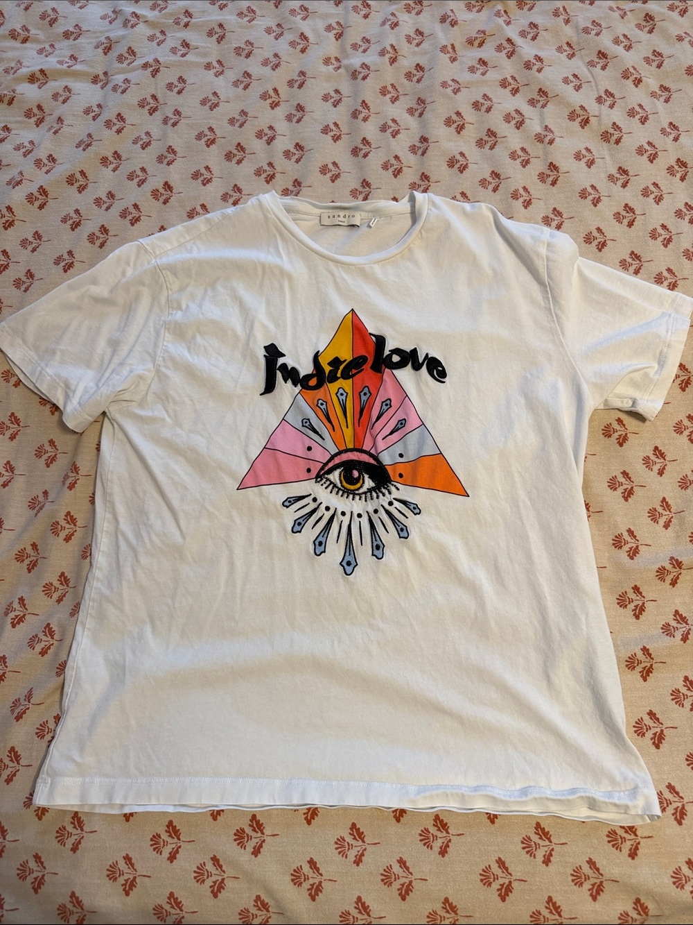 Women’s Sandro White Tee with Pink Orange Yellow Graphic Eye Triangle